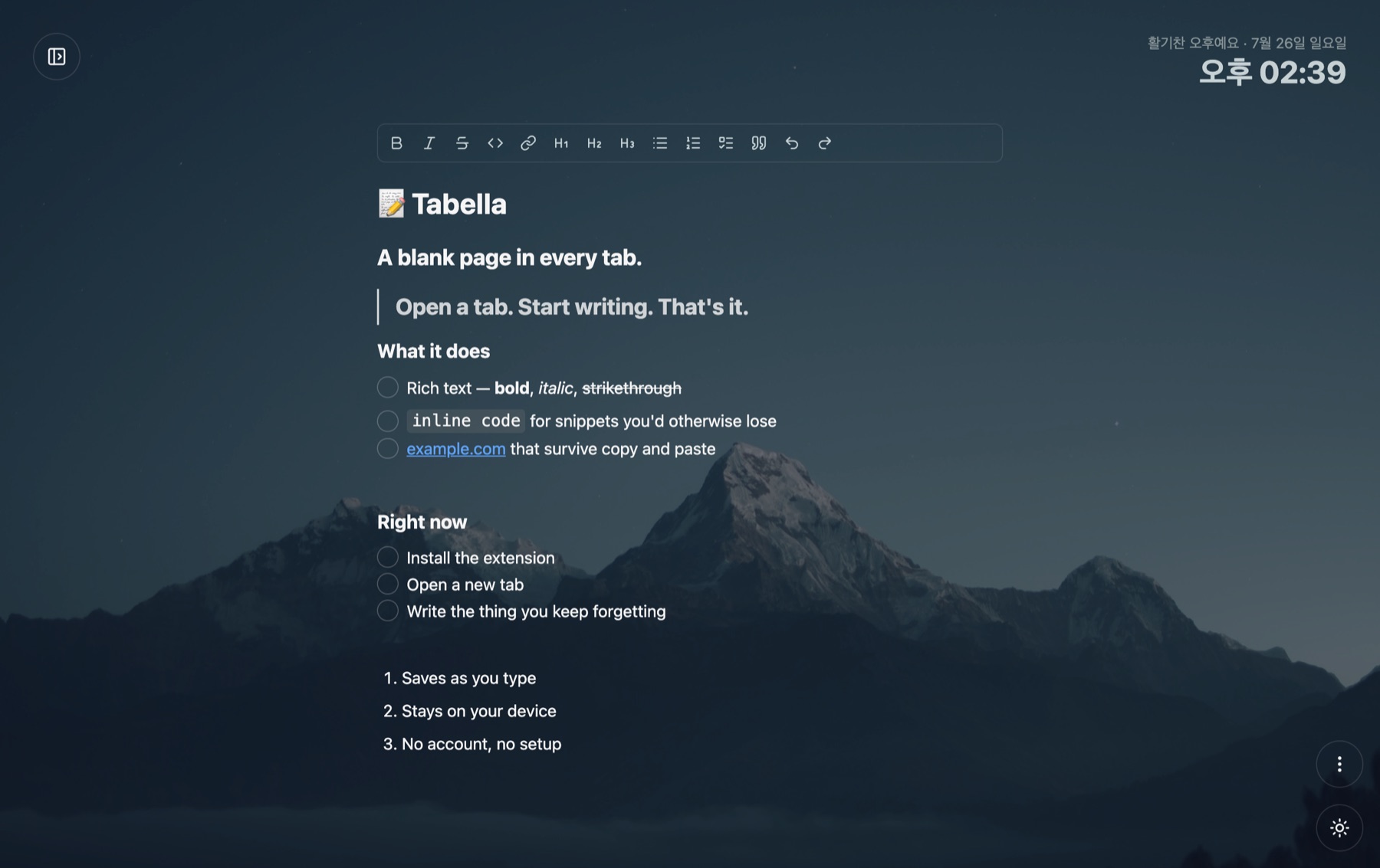 Tabella in dark mode: a note titled Tabella with headings, a checklist and a numbered list, over a mountain background.