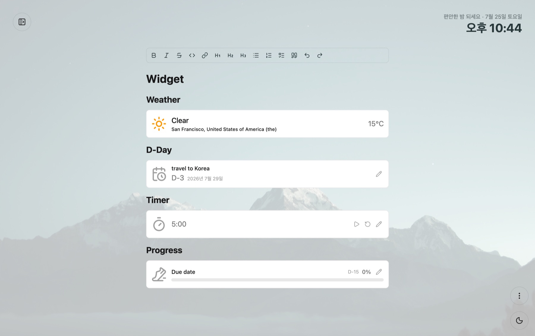 A note with weather, D-Day, timer, and progress widgets inserted, each showing live data.